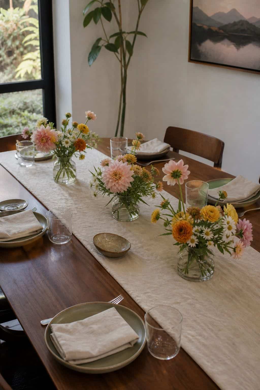 Low floral centerpiece in three vases on a summer apartment dining table
