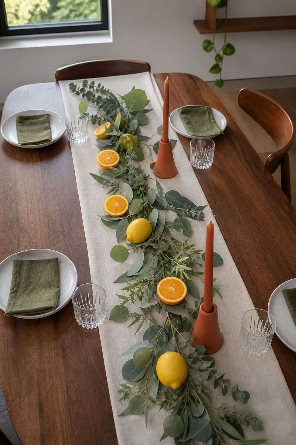 Citrus and greenery garland on a walnut table for a summer party tablescape
