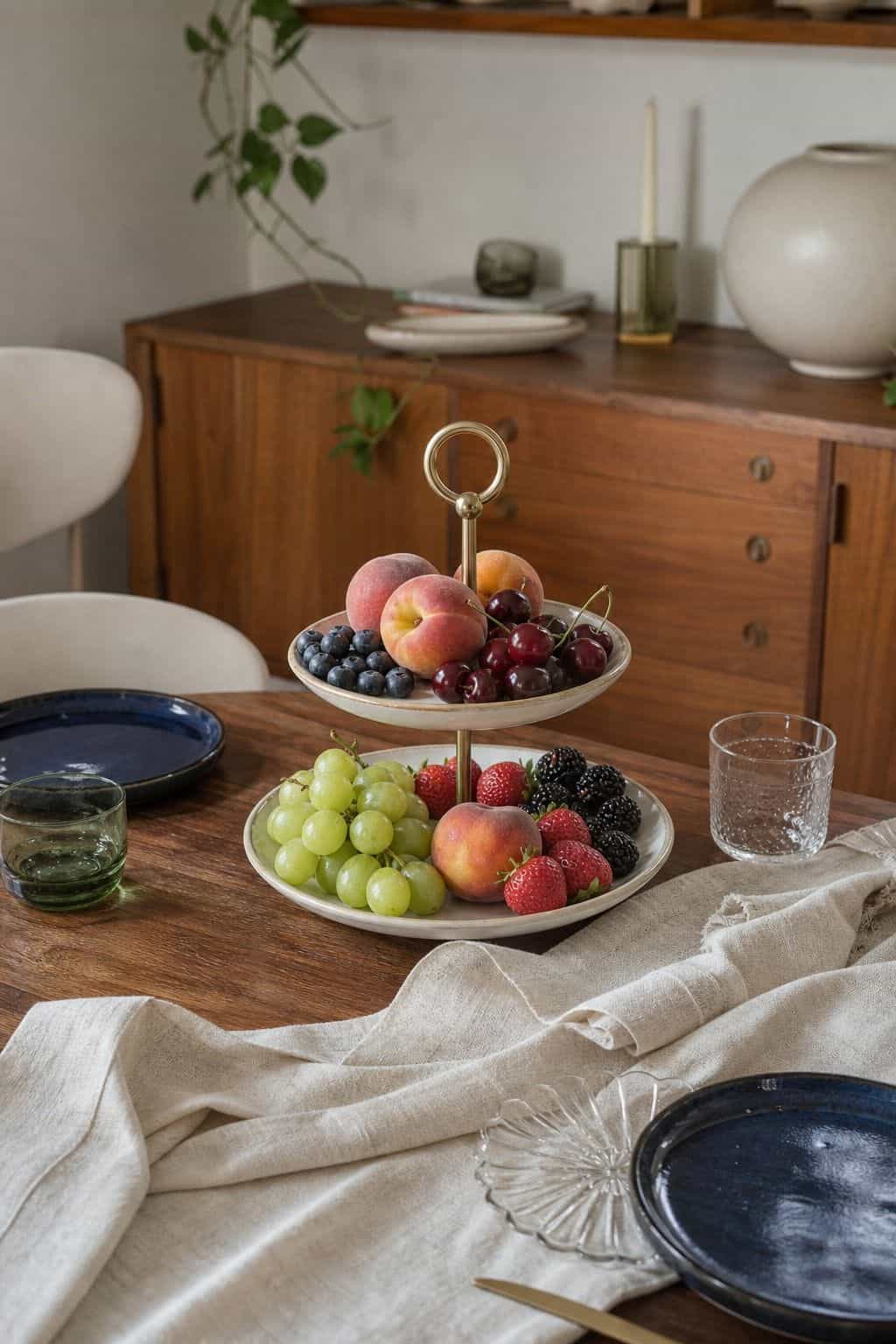 Tiered cake stand with fresh fruit on a summer party dining table