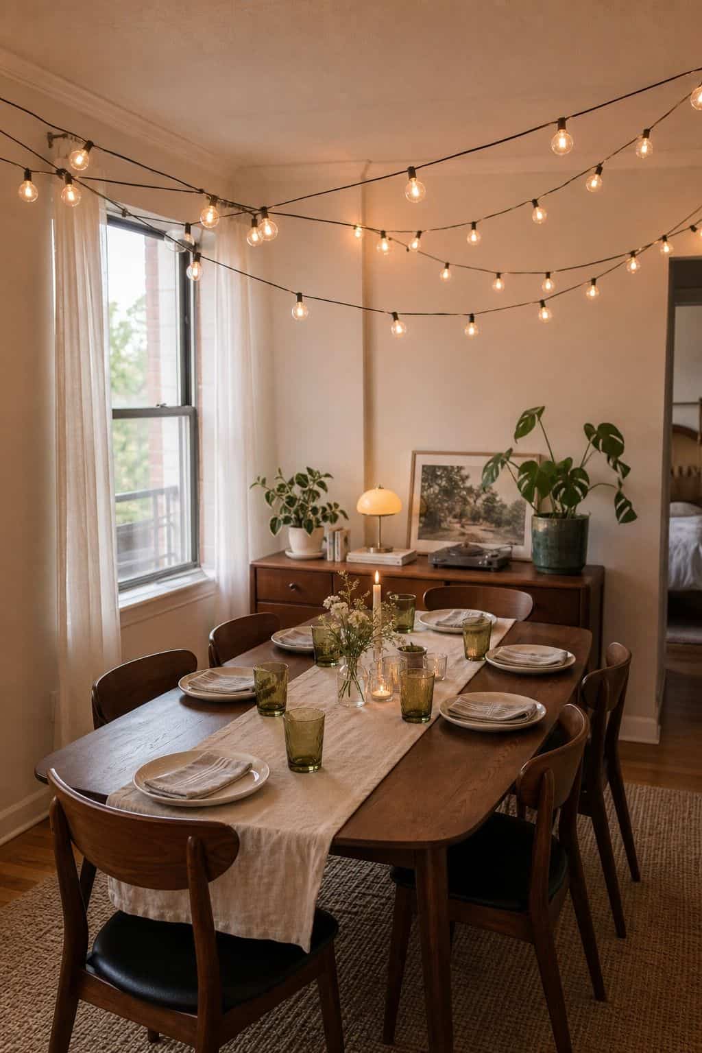 Warm globe string lights over a small apartment summer dinner table