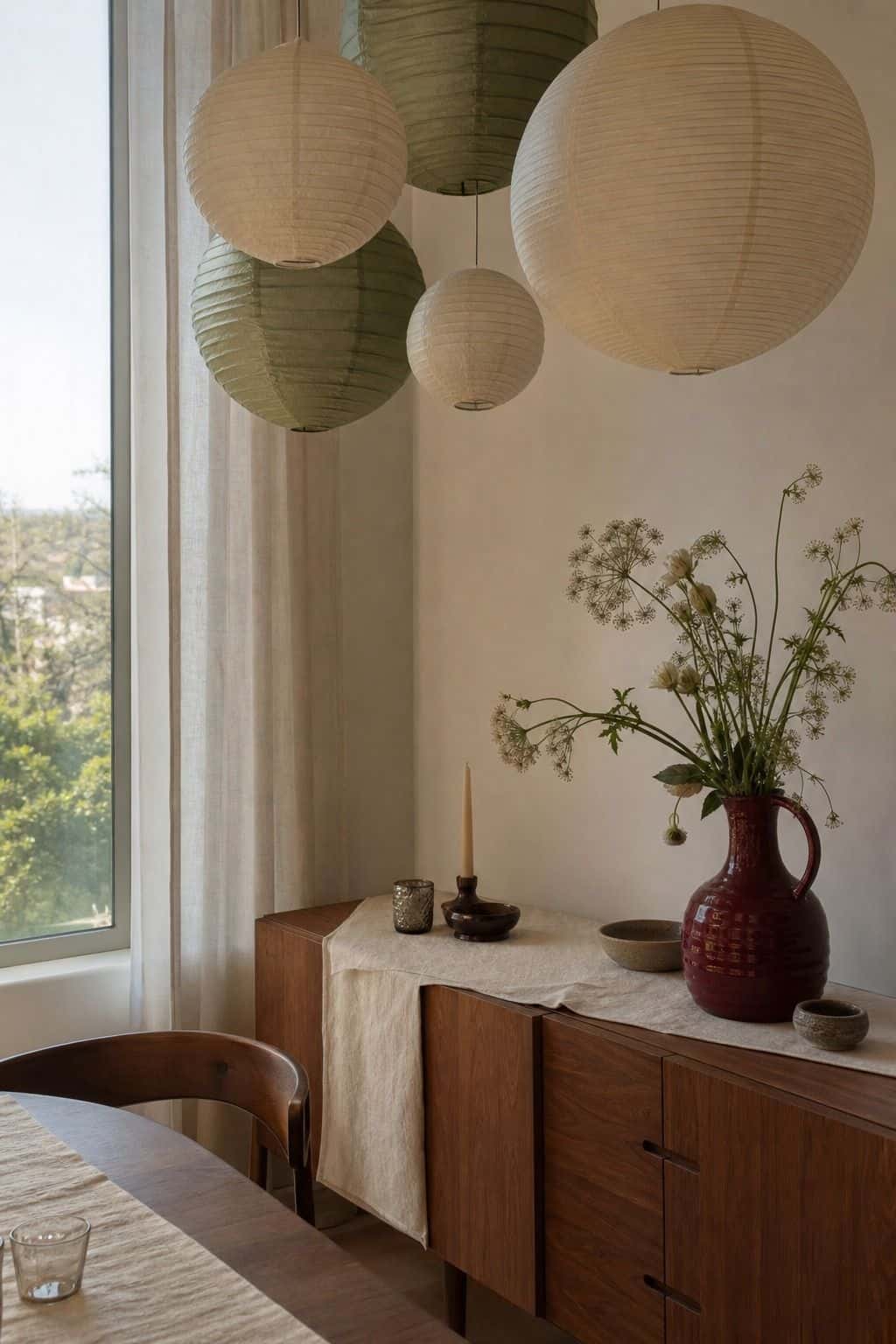 Cream and sage paper lanterns above a walnut console for summer party decor