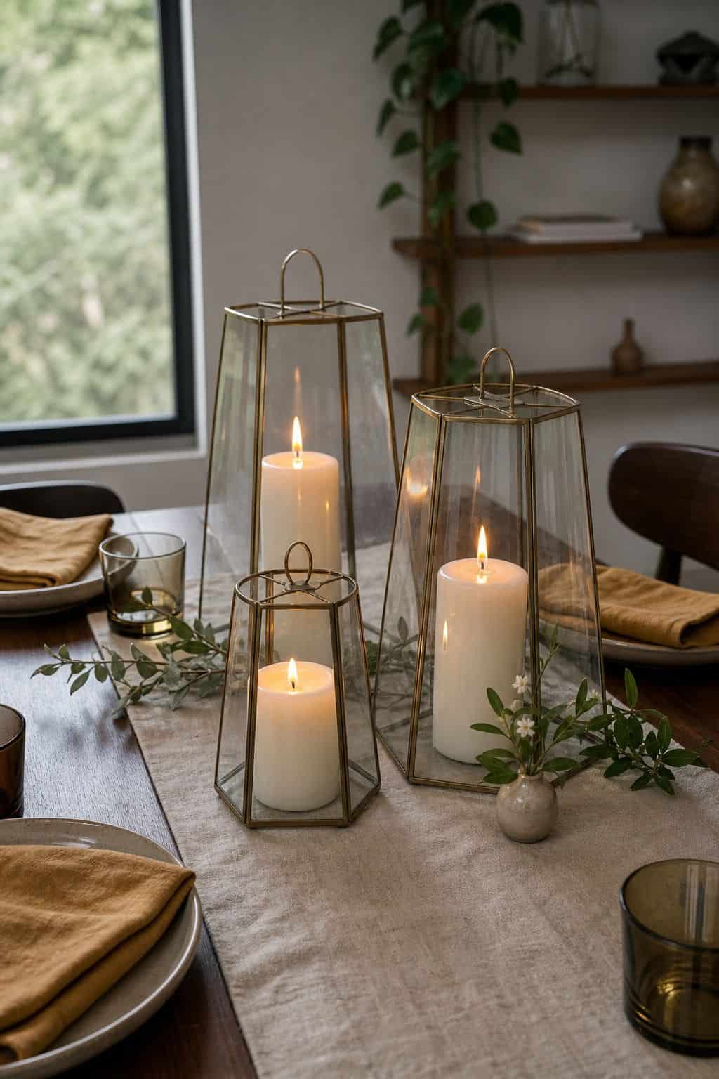 Three tabletop lanterns with pillar candles on a summer party table