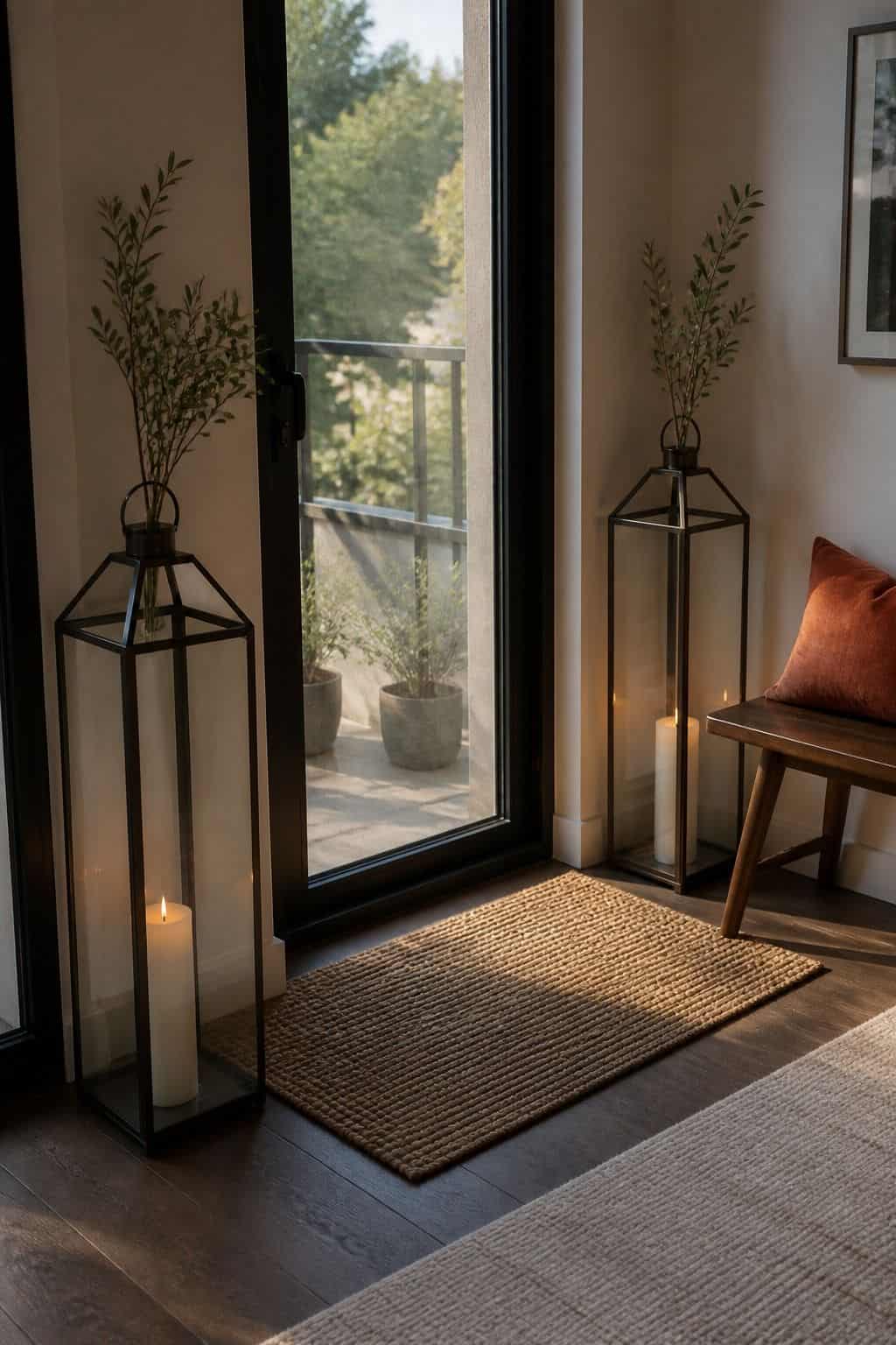 Tall floor lanterns by a balcony door for apartment summer party decor
