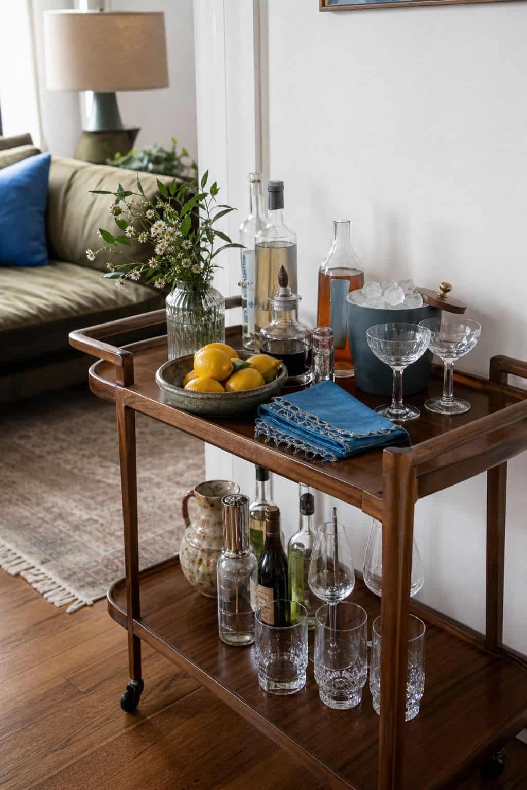 Styled walnut bar cart with lemons and summer cocktail glasses