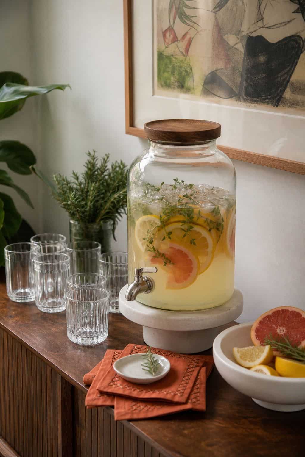Glass drink dispenser with citrus infused beverage for a summer apartment party