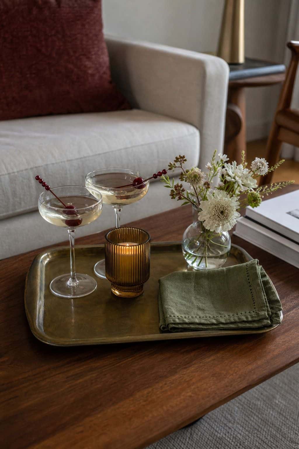 Coffee table cocktail tray with glasses and flowers for summer entertaining