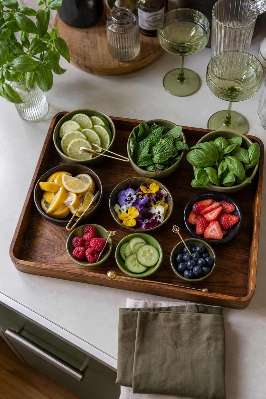 Mini garnish bar with herbs, citrus, berries, and edible flowers for drinks