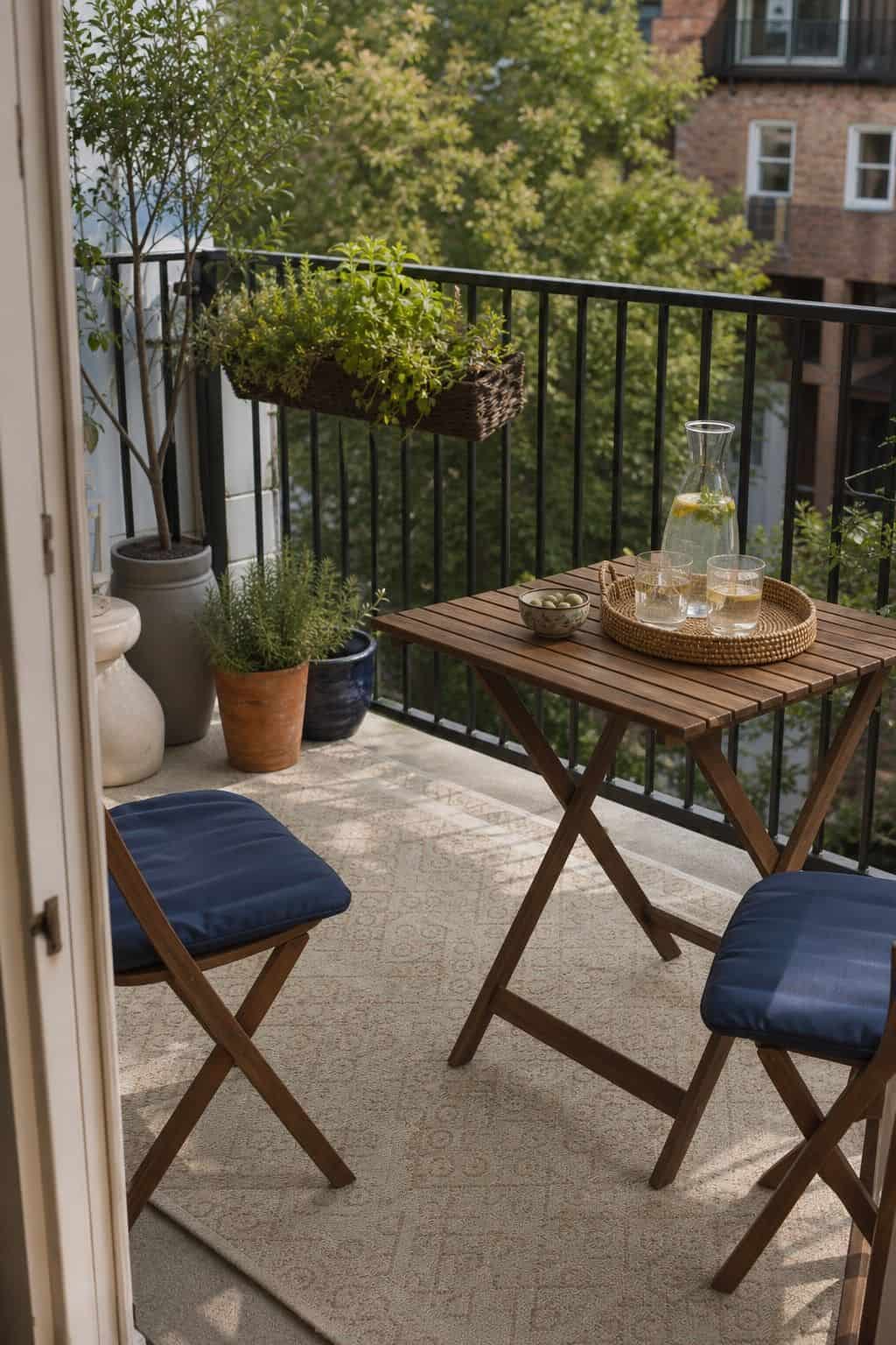 Small balcony patio with outdoor rug, bistro table, plants, and summer drinks