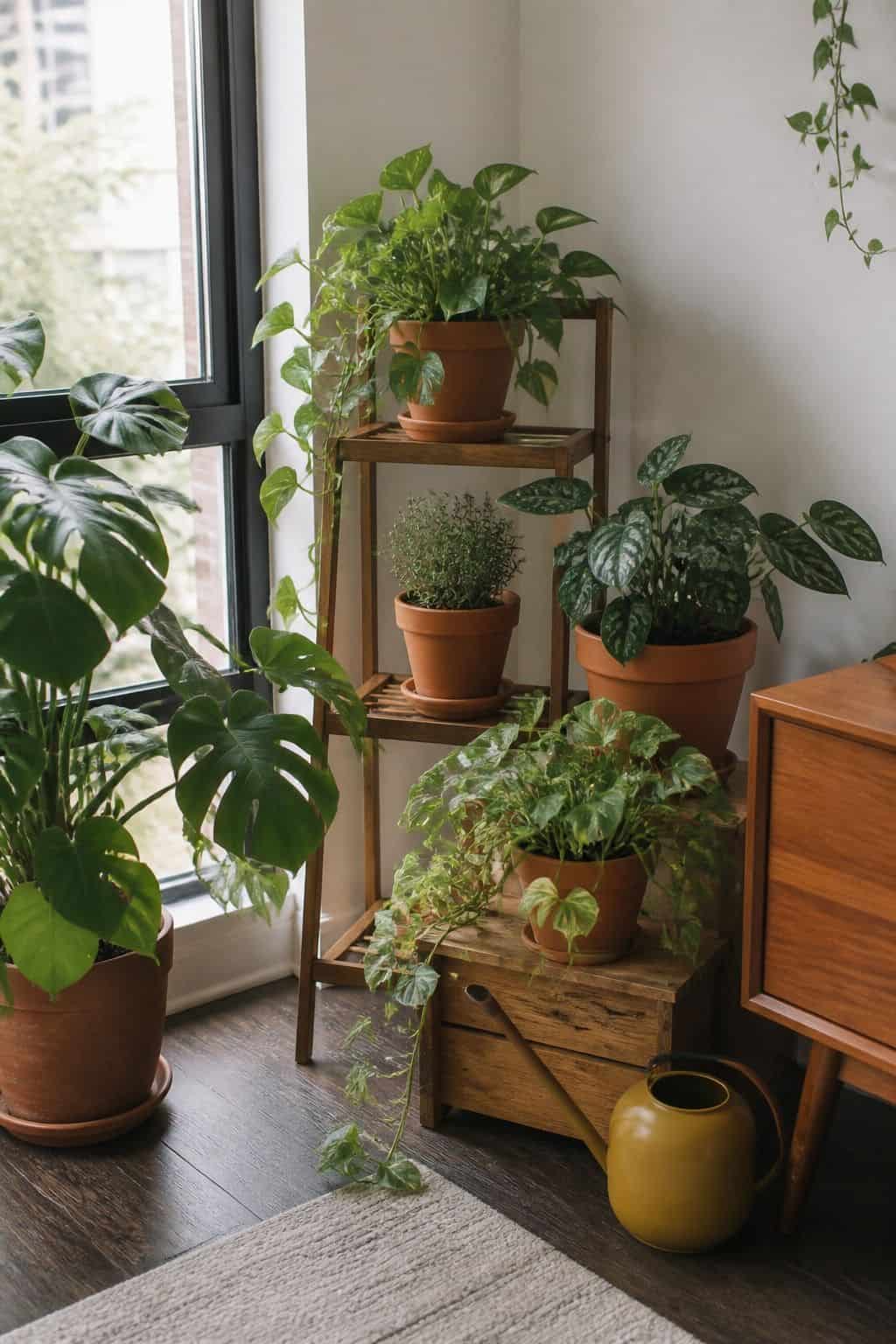 Terracotta potted plant cluster on a walnut stand for summer apartment decor