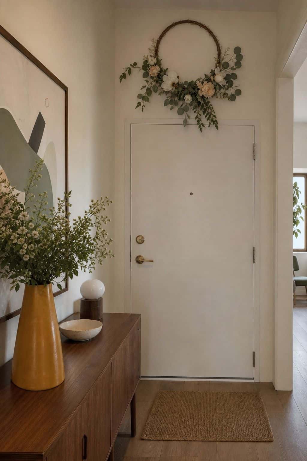 Floral hoop above an apartment entry door with walnut console and ochre vase