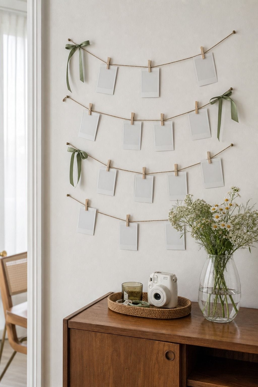 Photo wall setup with twine, blank photo cards, and a walnut side table
