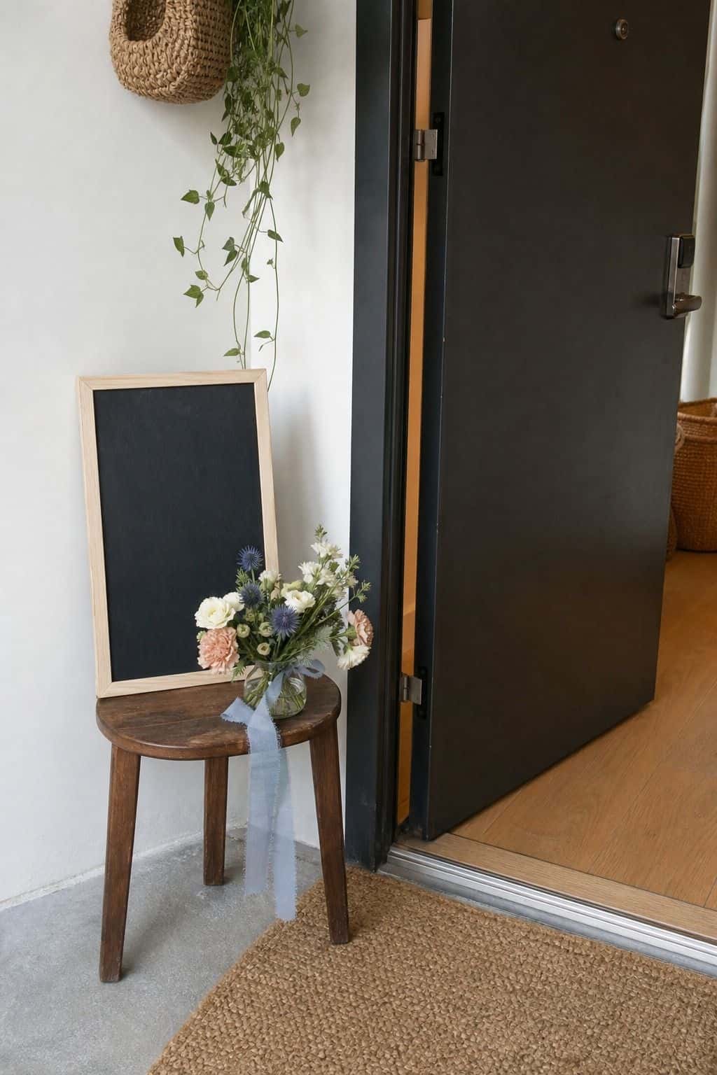 Blank chalkboard welcome sign by an apartment door with flowers and woven mat