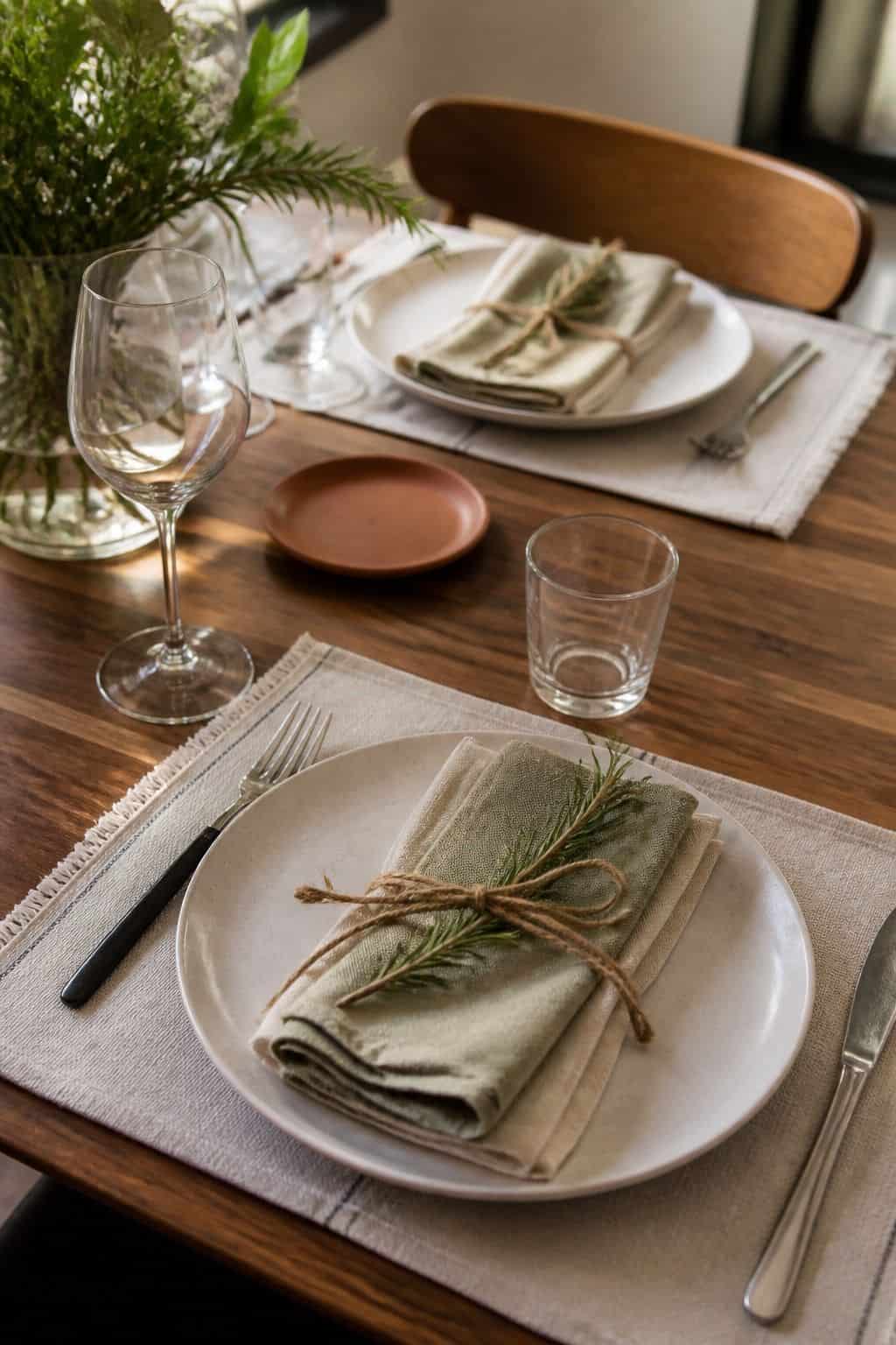 Linen napkins tied with twine and rosemary on a summer place setting