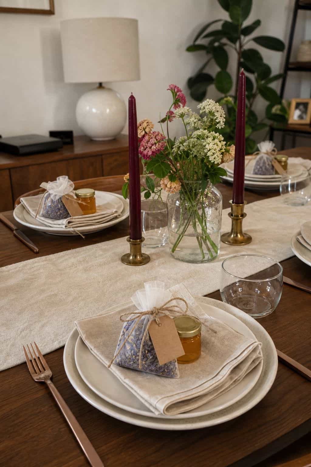 Tiny take-home favor at a summer party place setting with linen and flowers