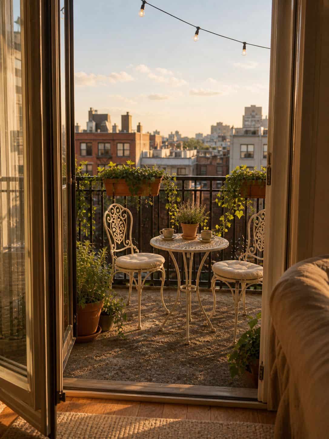 Small apartment porch with bistro set and city view at sunset