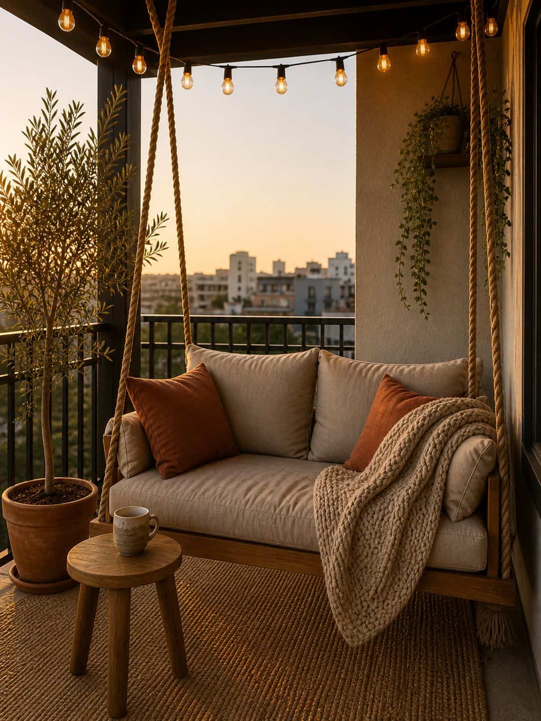 Small apartment porch with a cozy swing, pillows, and string lights