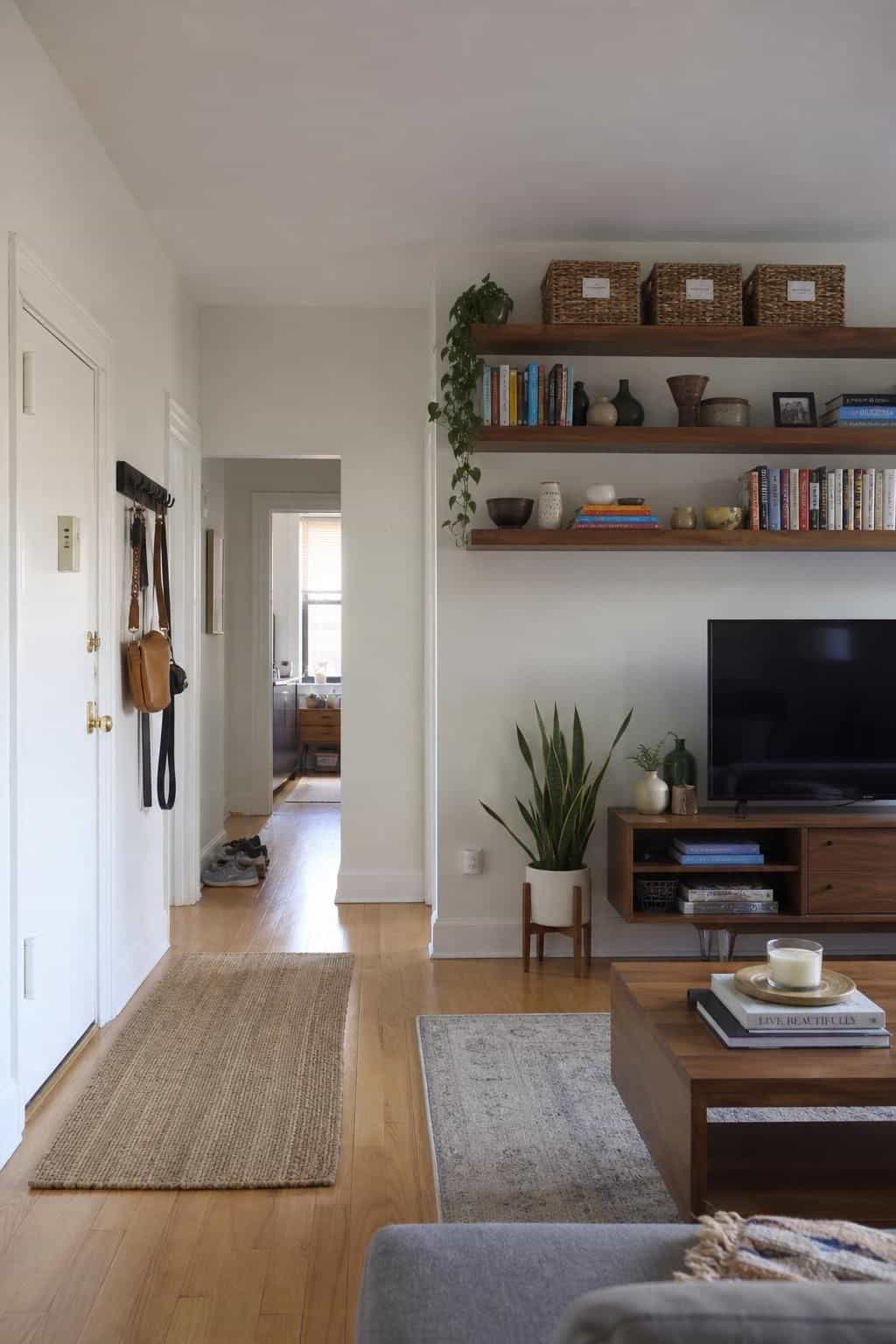 Small apartment living room with shelves, TV, and hallway