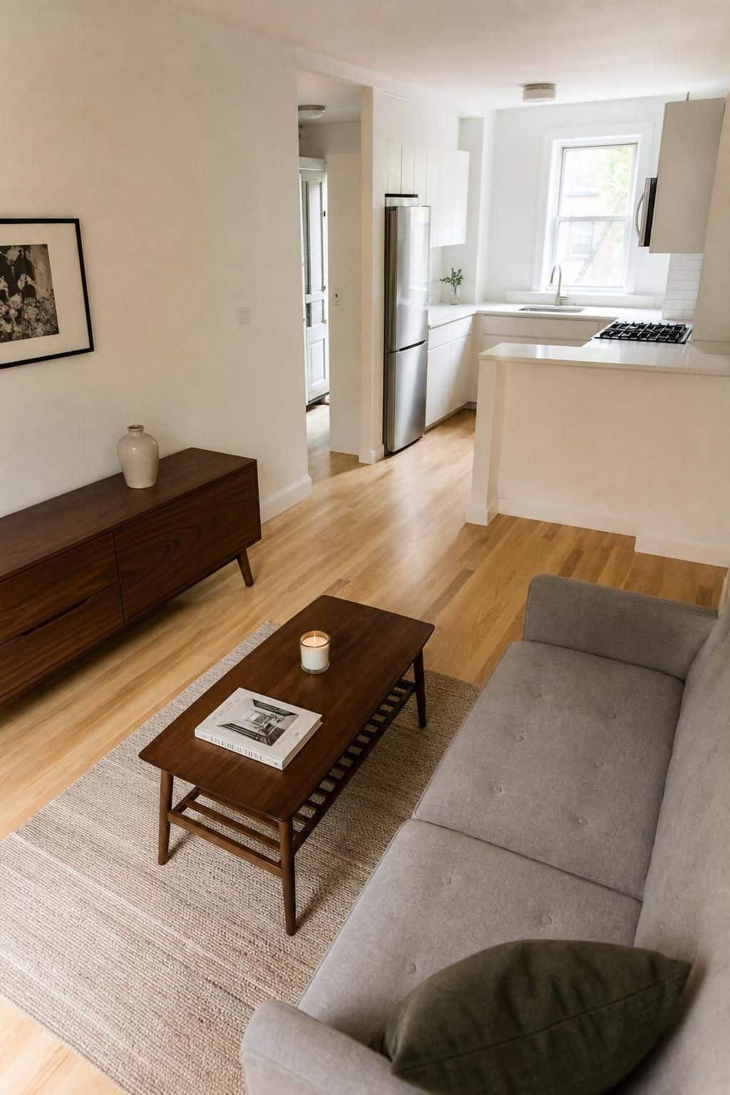 Small apartment living room with gray sofa, coffee table, and wooden media console.