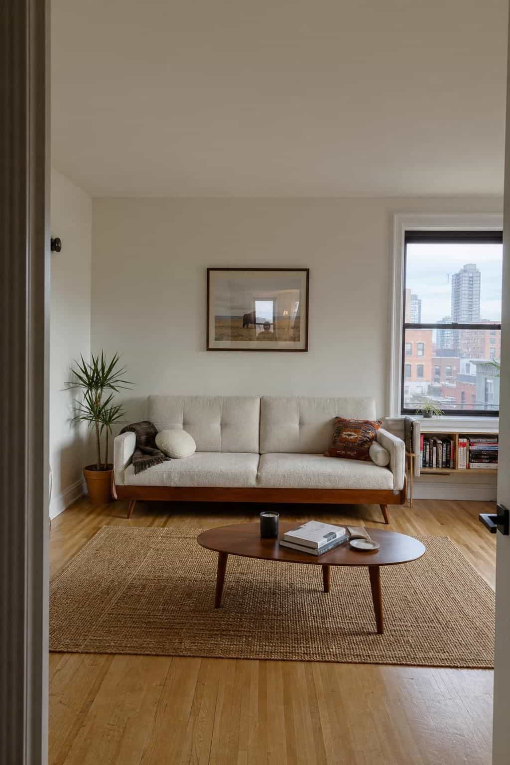 Cozy small apartment living room with sofa, coffee table, and window view.