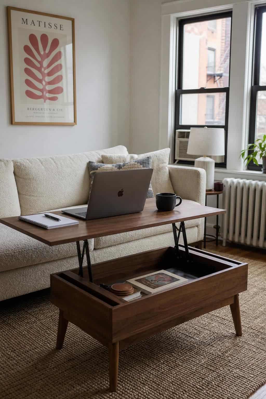 Small apartment hack: lift-top coffee table with laptop and books