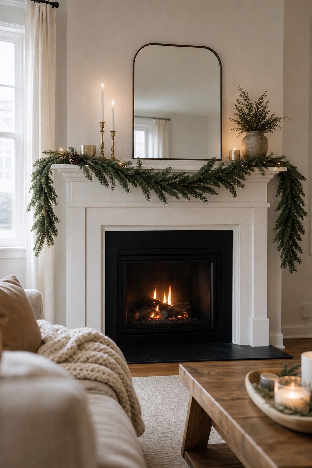 Drape a Clean, Simple Greenery Garland small apartment idea for Top 17 Modern Christmas Mantle Decorations for Small Spaces.