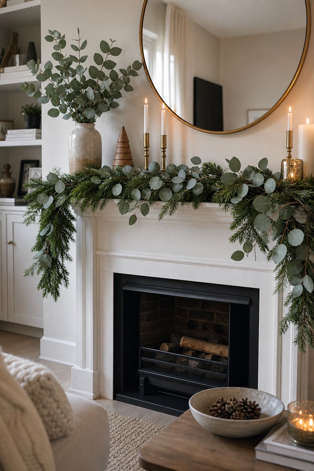 Add Eucalyptus for a Soft Modern Edge small apartment idea for Top 17 Modern Christmas Mantle Decorations for Small Spaces.