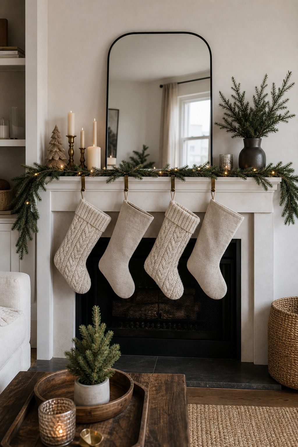 Hang Minimalist Stockings small apartment idea for Top 17 Modern Christmas Mantle Decorations for Small Spaces.
