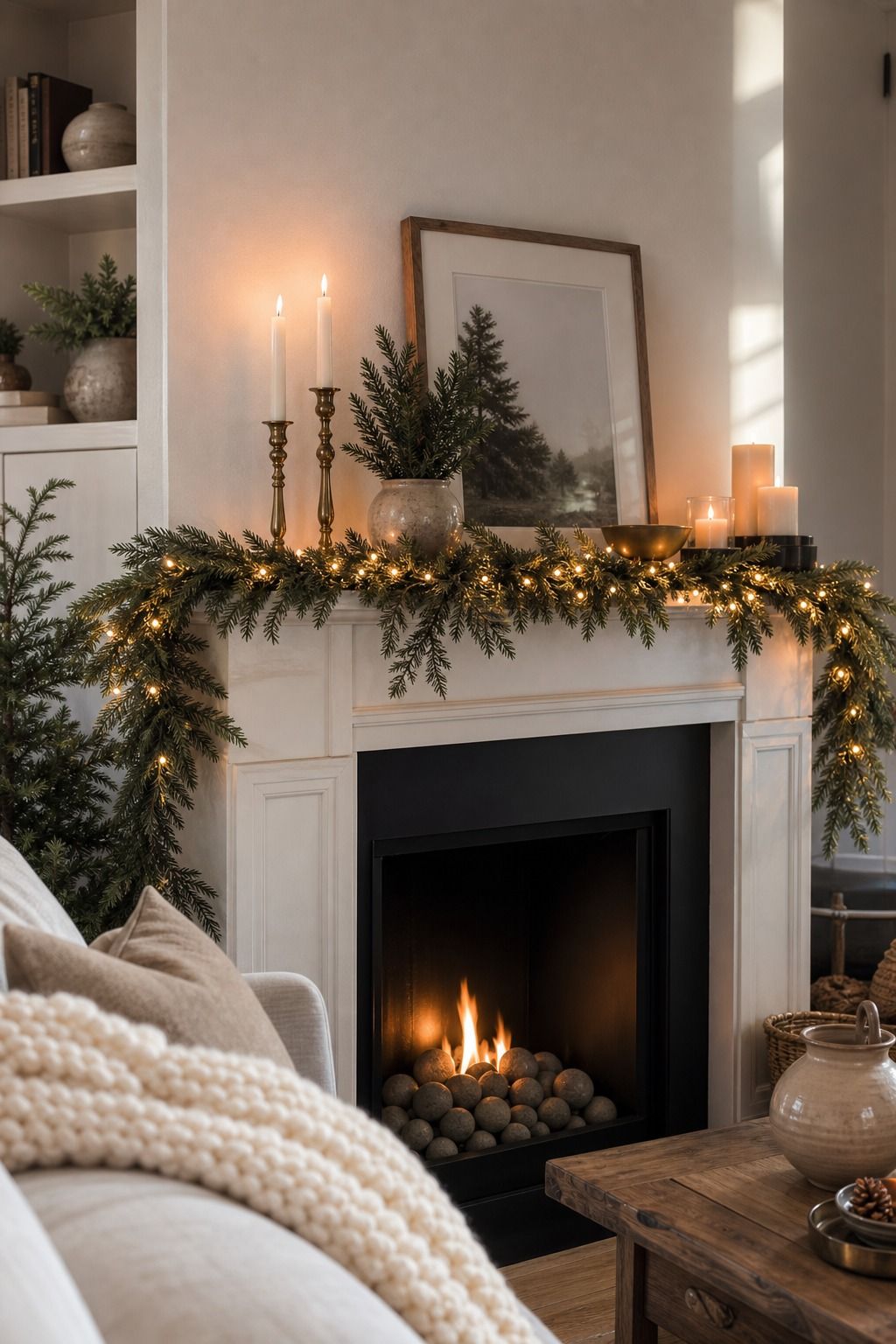 Weave Warm Fairy Lights Through the Garland small apartment idea for Top 17 Modern Christmas Mantle Decorations for Small Spaces.