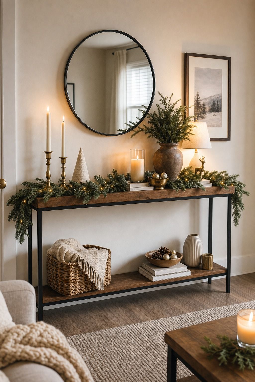 Style a Console Instead if There Is No Fireplace small apartment idea for Top 17 Modern Christmas Mantle Decorations for Small Spaces.