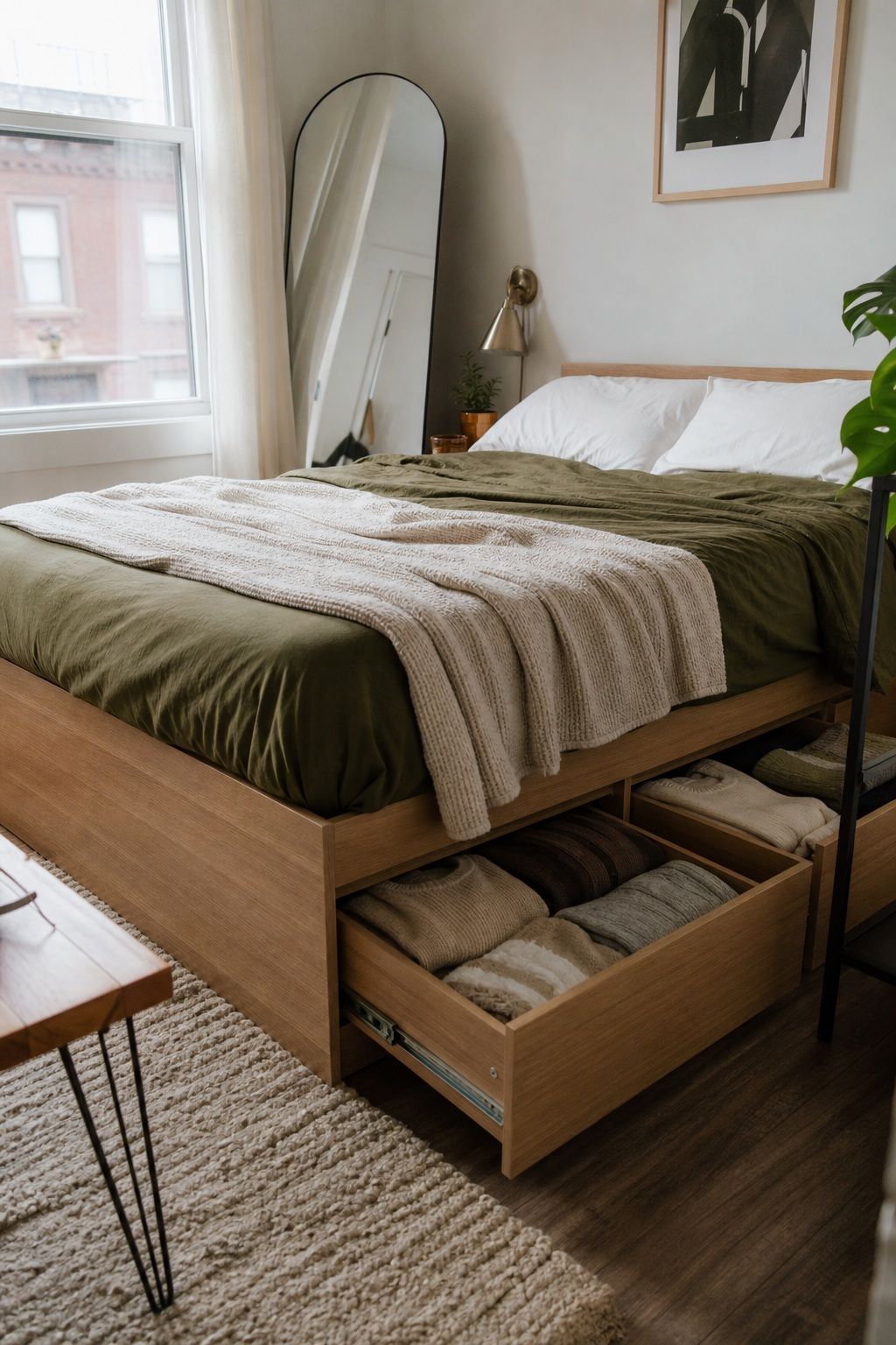 A Bed Frame With Storage Drawers small apartment idea for Top 20 Small Apartment Essentials Every Renter Needs.