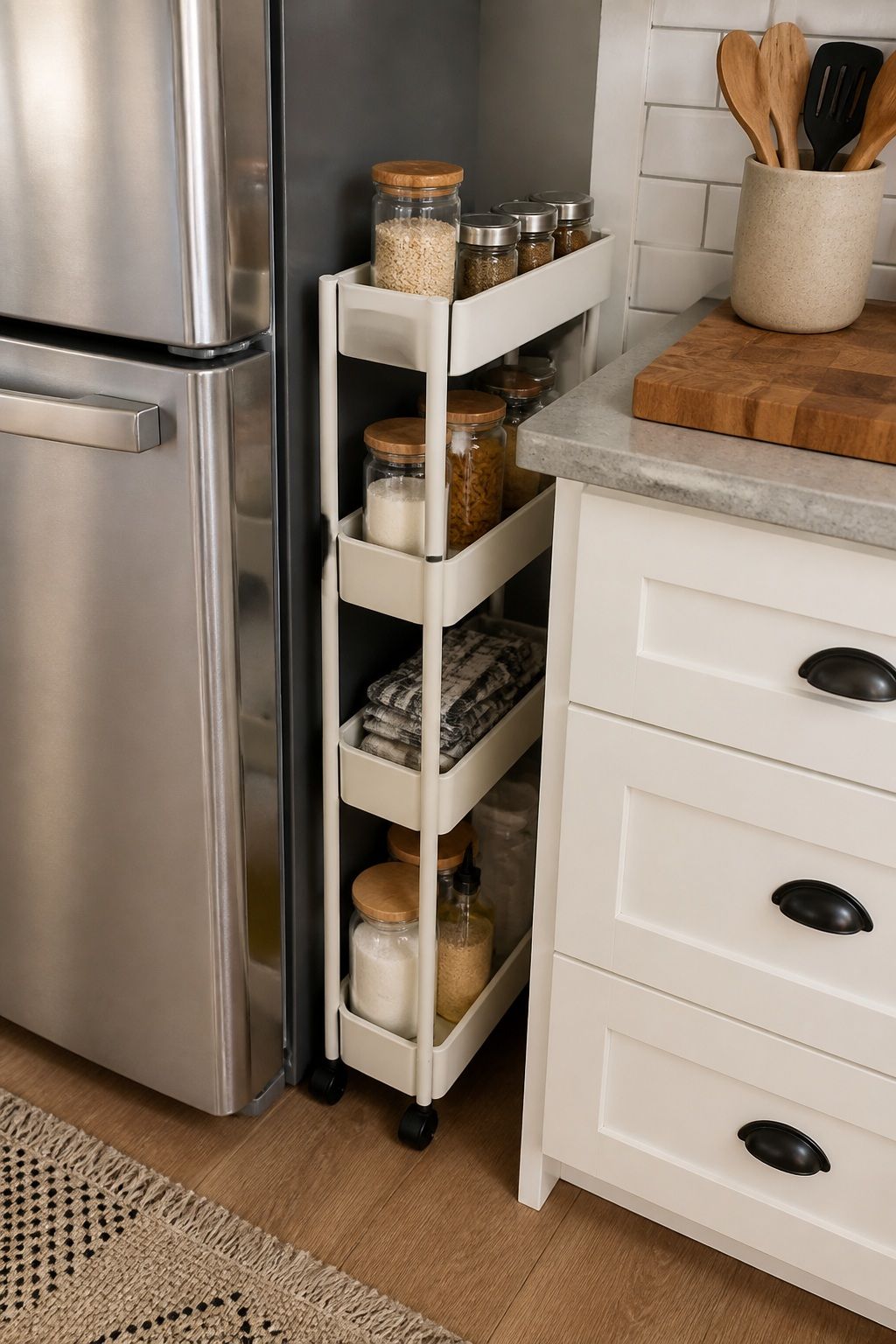A Slim Rolling Cart Between the Counter and Fridge small apartment idea for Top 20 Small Apartment Essentials Every Renter Needs.