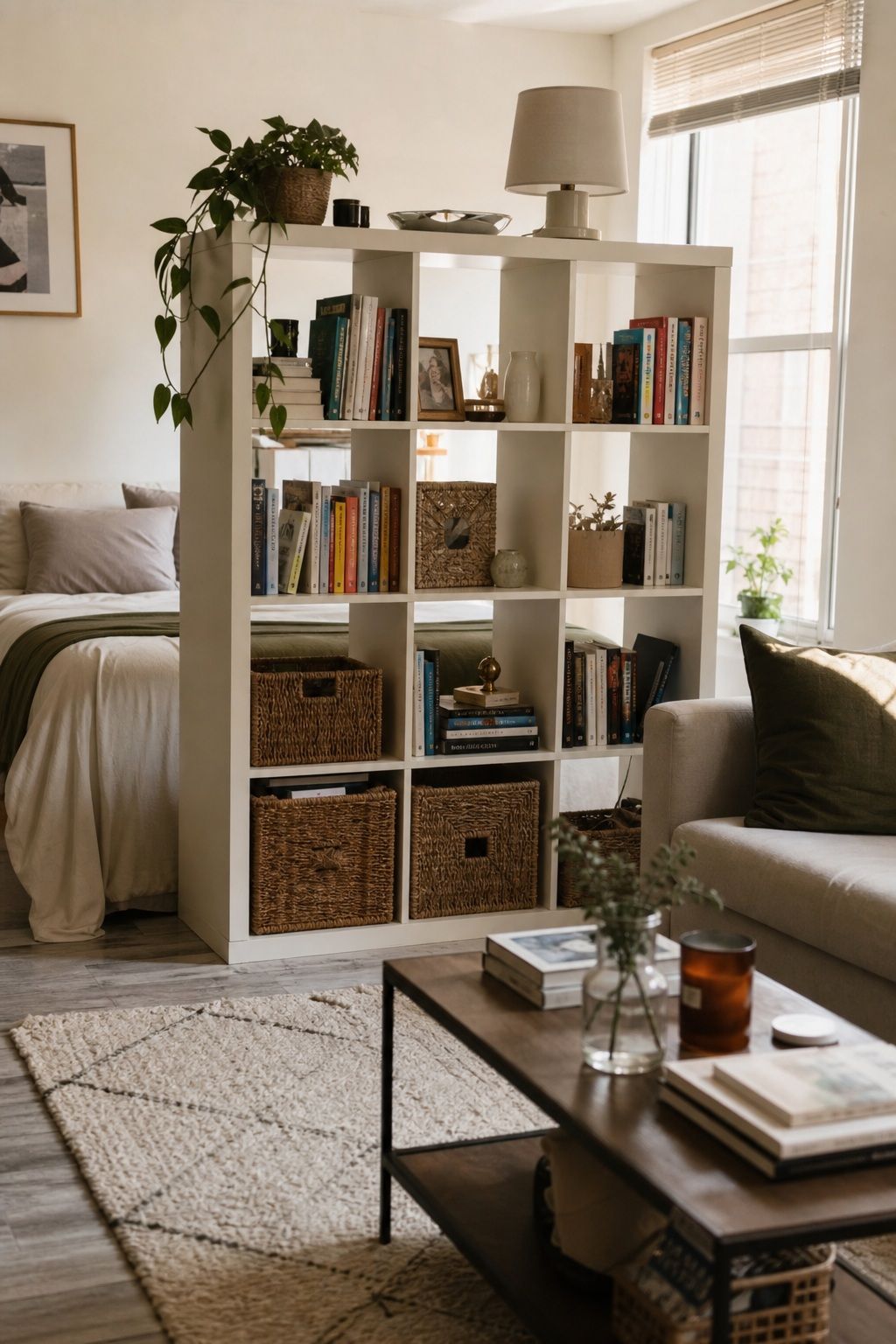 A Bookshelf That Doubles as a Room Divider small apartment idea for Top 20 Small Apartment Essentials Every Renter Needs.