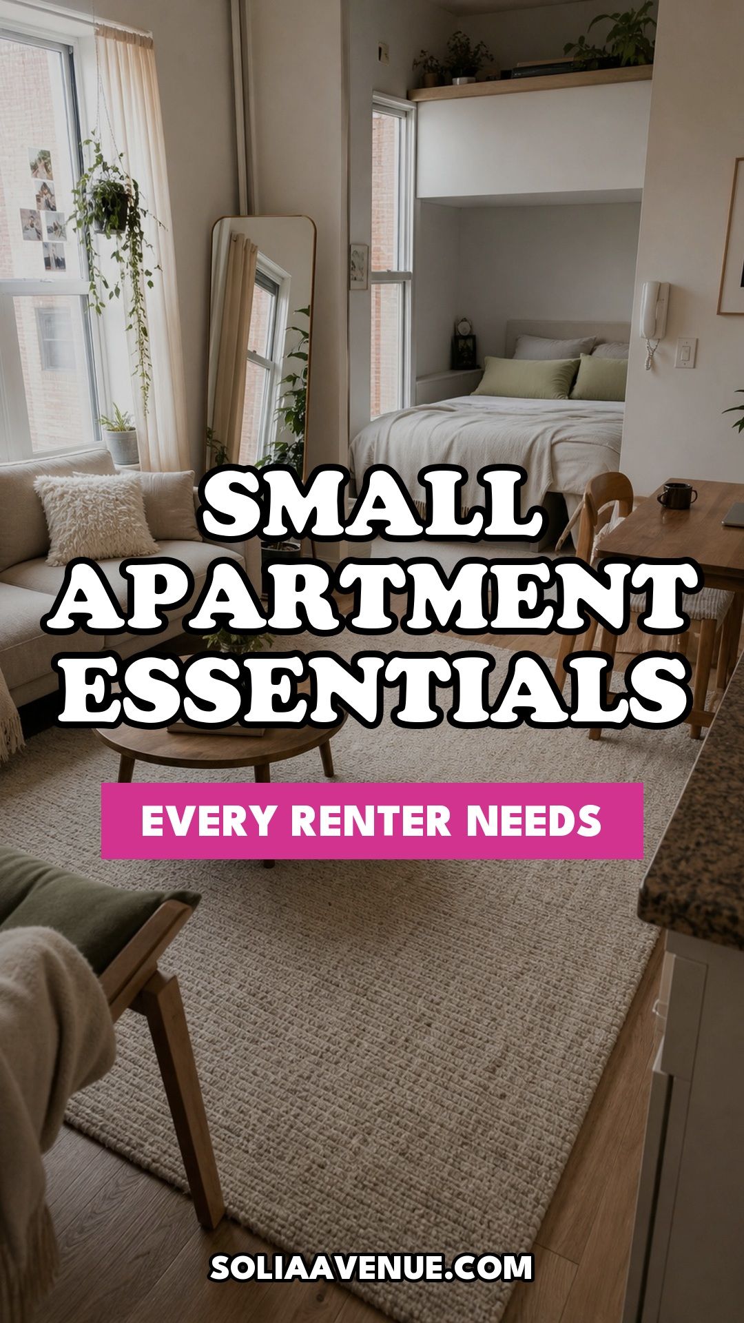 Pinterest pin for Top 20 Small Apartment Essentials Every Renter Needs from Solia Avenue.