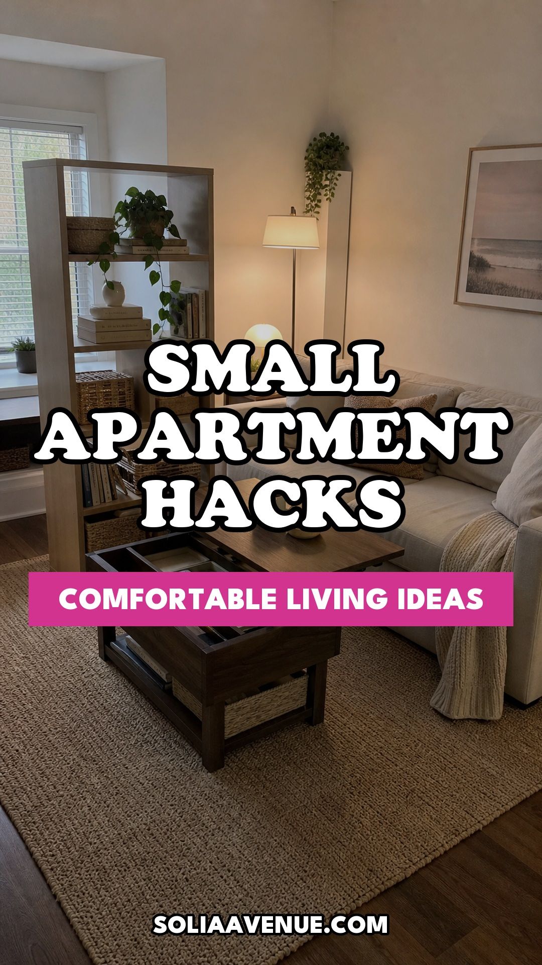 Pinterest pin for Top 19 Must-Try Small Apartment Hacks for Comfortable Living from Solia Avenue.