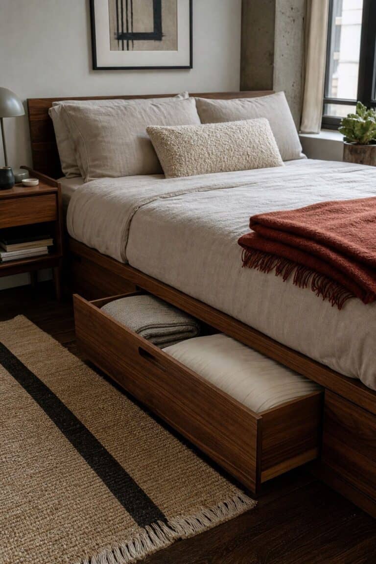 Small apartment bed with built-in walnut storage drawers and linen bedding.