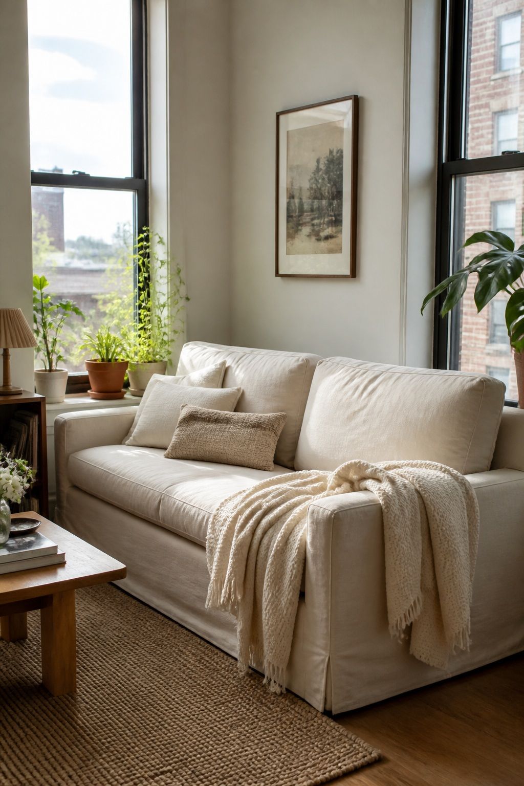 A Clean-Lined Cream Slipcover Sofa small apartment idea for Top 20 Sunroom Aesthetic Ideas You Can Try This Weekend.
