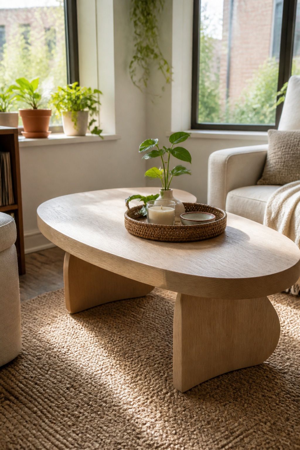A Pale Wood Coffee Table With Sculptural Legs small apartment idea for Top 20 Sunroom Aesthetic Ideas You Can Try This Weekend.