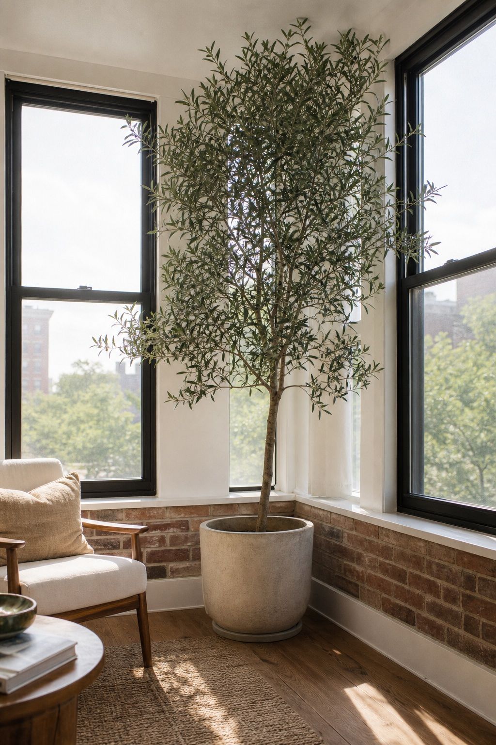 A Single Tall Indoor Tree as Statement small apartment idea for Top 20 Sunroom Aesthetic Ideas You Can Try This Weekend.
