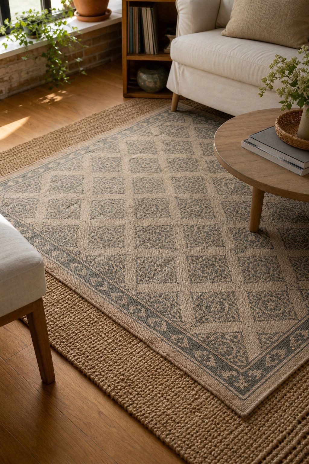 A Layered Jute and Block Print Rug Combination small apartment idea for Top 20 Sunroom Aesthetic Ideas You Can Try This Weekend.