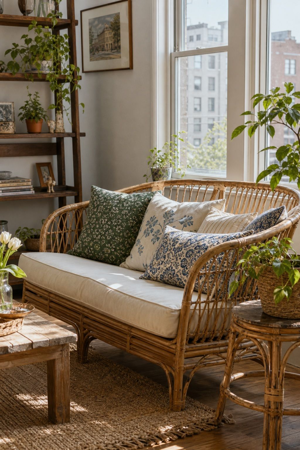A Rattan Loveseat With Mixed Cotton Pillows small apartment idea for Top 20 Sunroom Aesthetic Ideas You Can Try This Weekend.
