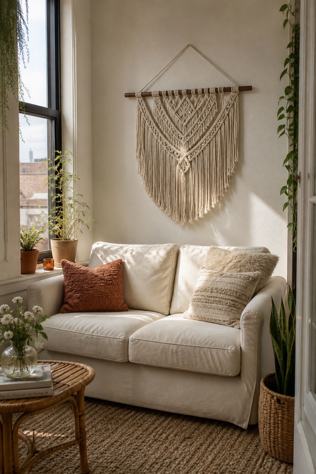 A Macrame Wall Hanging Above the Loveseat small apartment idea for Top 20 Sunroom Aesthetic Ideas You Can Try This Weekend.