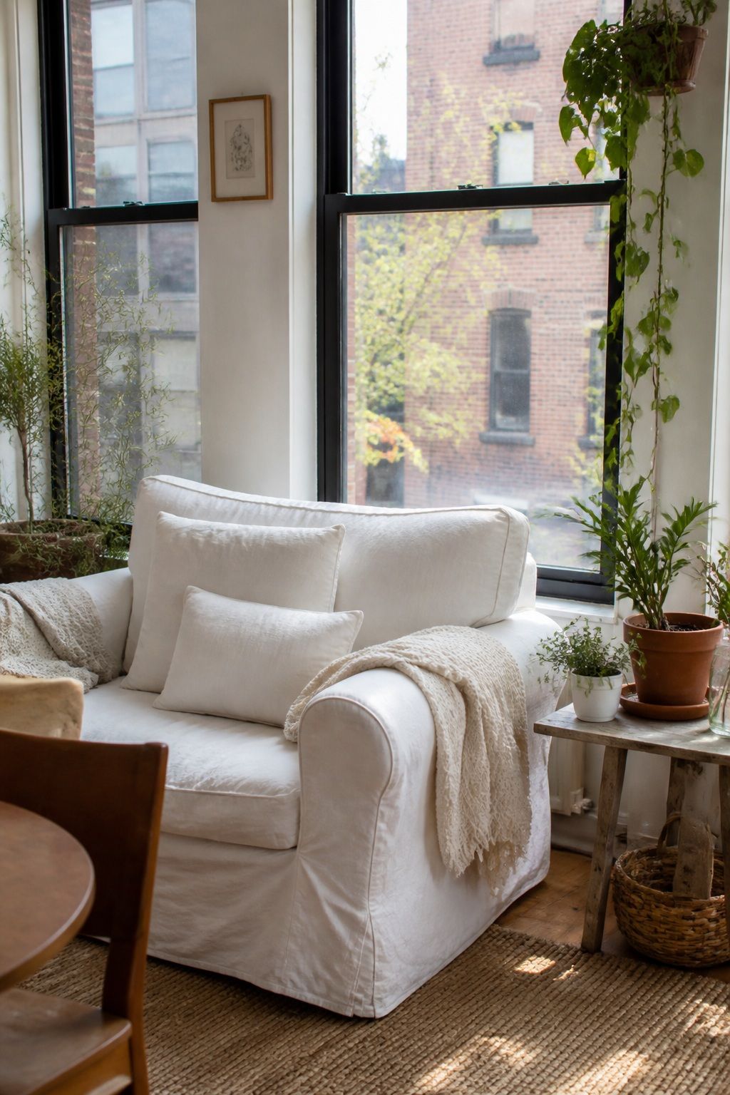 White Linen Slipcover Furniture small apartment idea for Top 20 Sunroom Aesthetic Ideas You Can Try This Weekend.