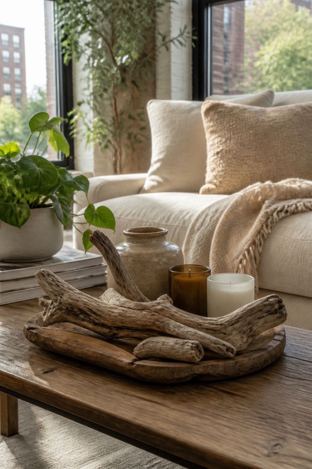 A Driftwood Coffee Table Centerpiece small apartment idea for Top 20 Sunroom Aesthetic Ideas You Can Try This Weekend.