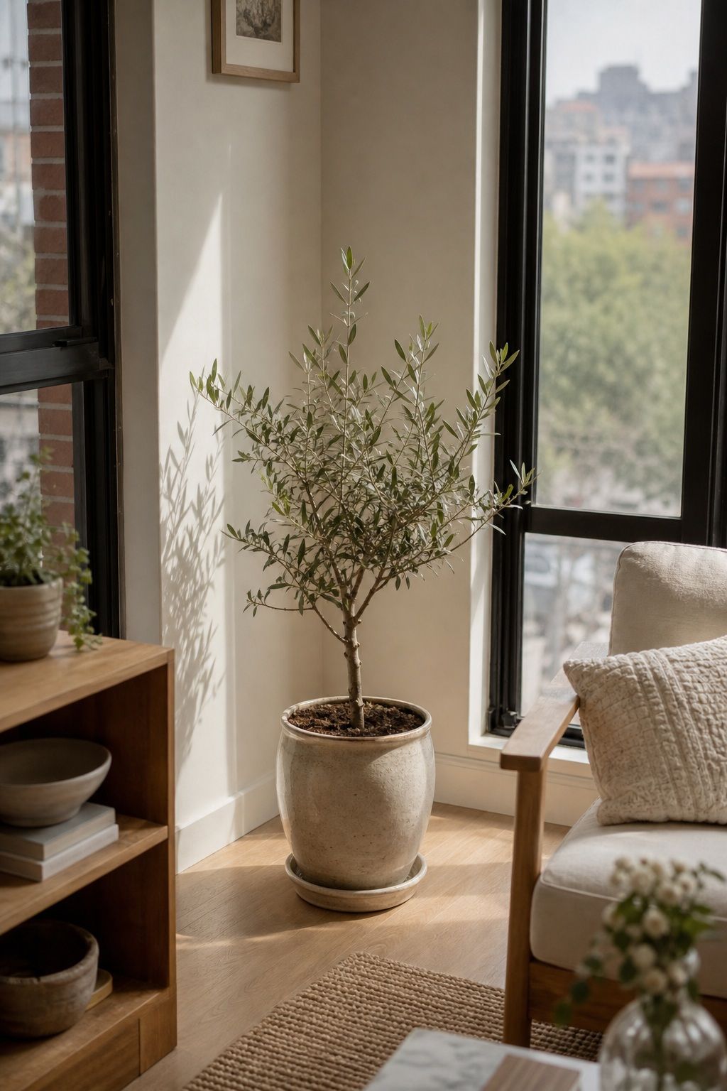 A Small Olive Tree in Stoneware small apartment idea for Top 20 Sunroom Aesthetic Ideas You Can Try This Weekend.