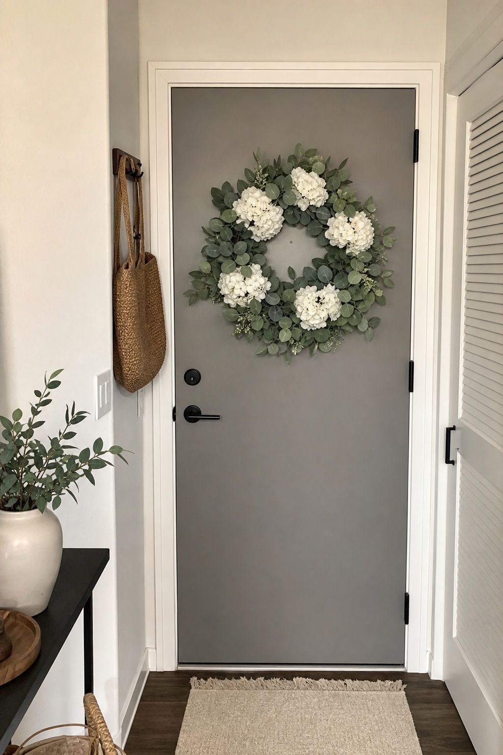 A Faux Eucalyptus and White Hydrangea Wreath small apartment idea for Top 17 Door Summer Decor Ideas for Small Apartments.