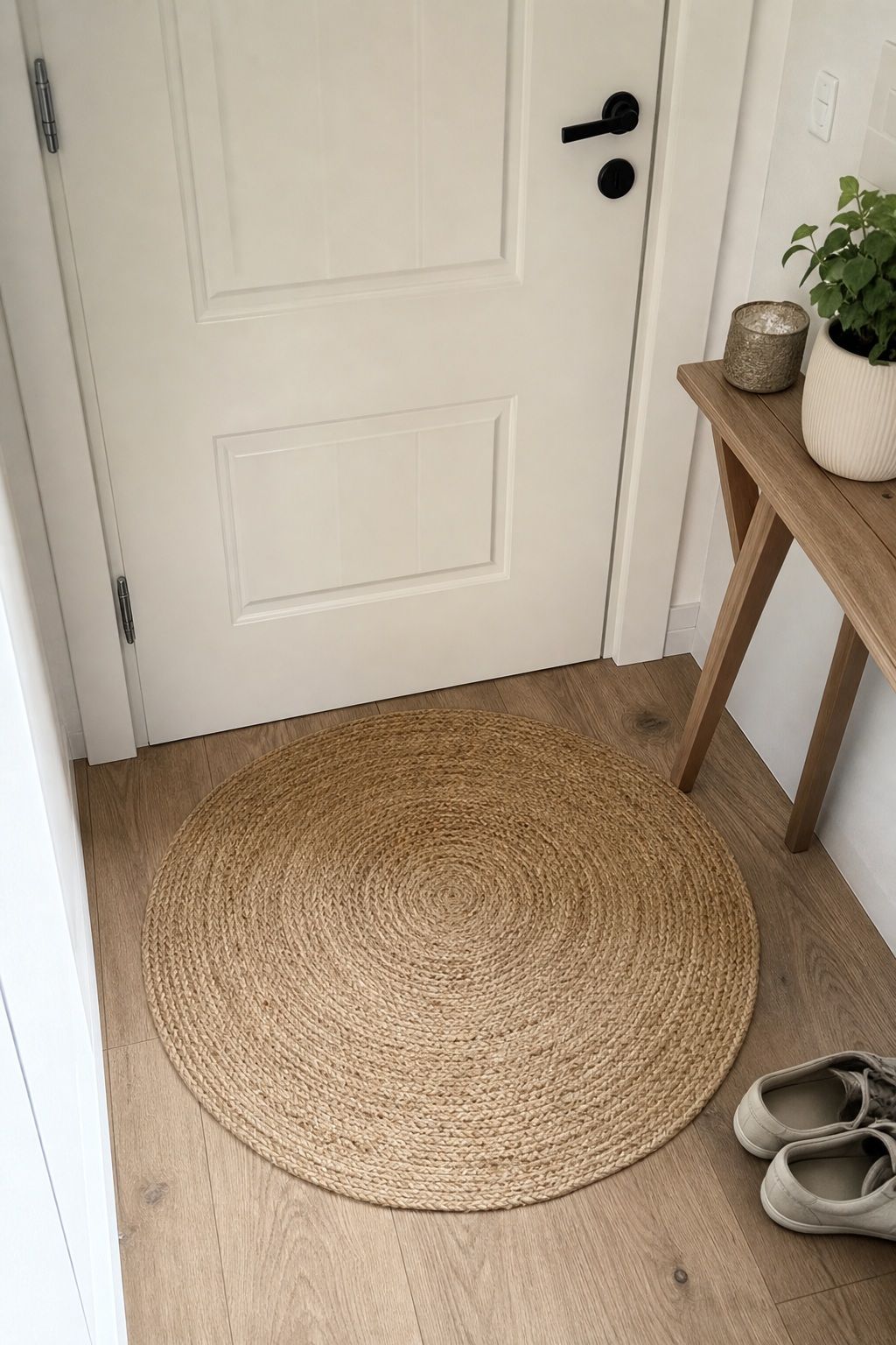 A Round Jute Mat for a Modern Touch small apartment idea for Top 17 Door Summer Decor Ideas for Small Apartments.