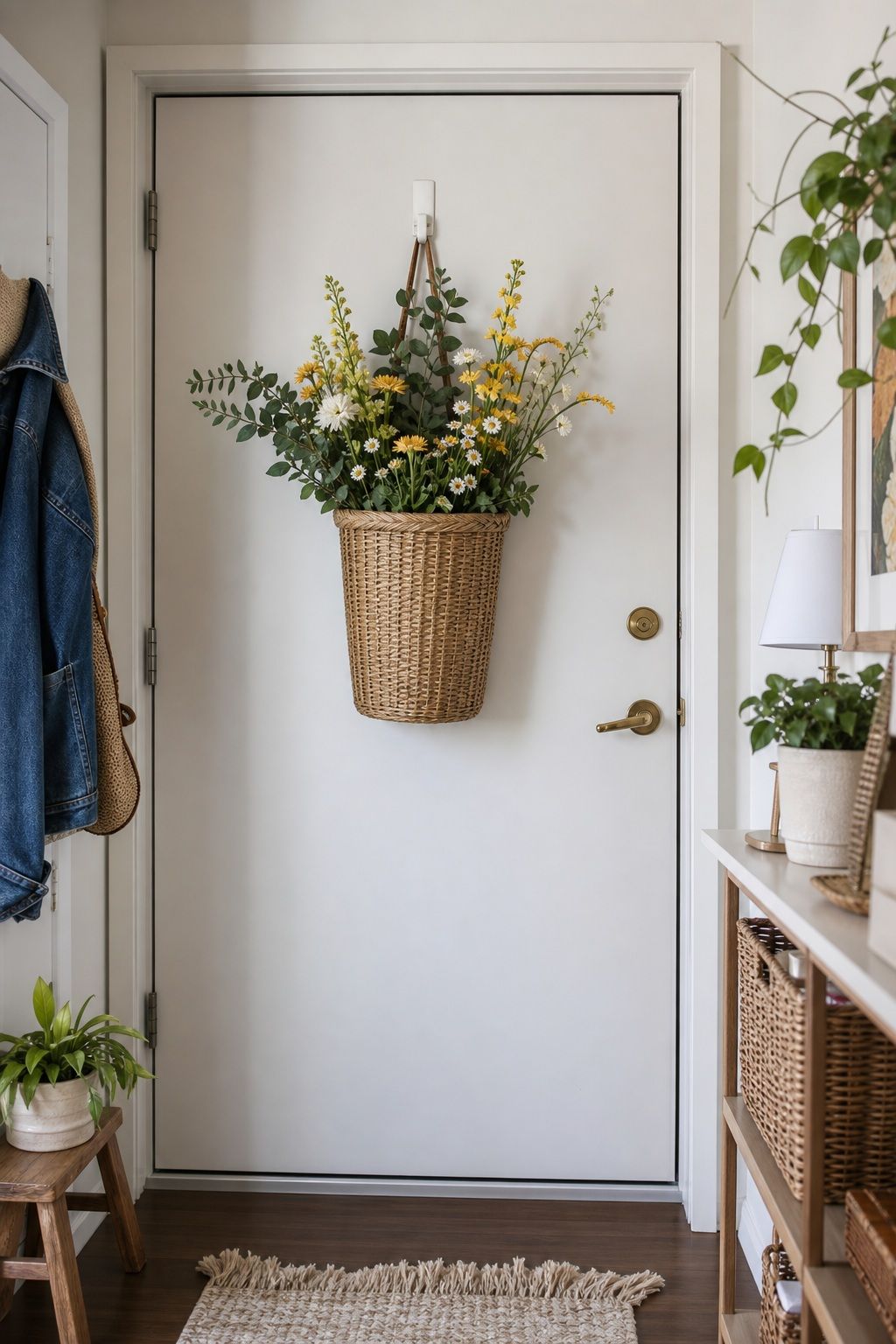 A Hanging Door Basket With Fresh or Faux Florals small apartment idea for Top 17 Door Summer Decor Ideas for Small Apartments.