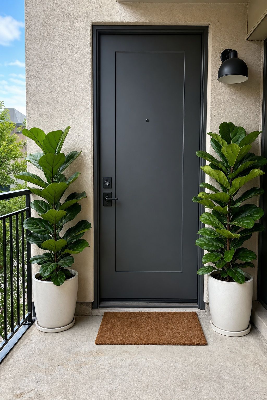 A Pair of Potted Plants Flanking the Door small apartment idea for Top 17 Door Summer Decor Ideas for Small Apartments.