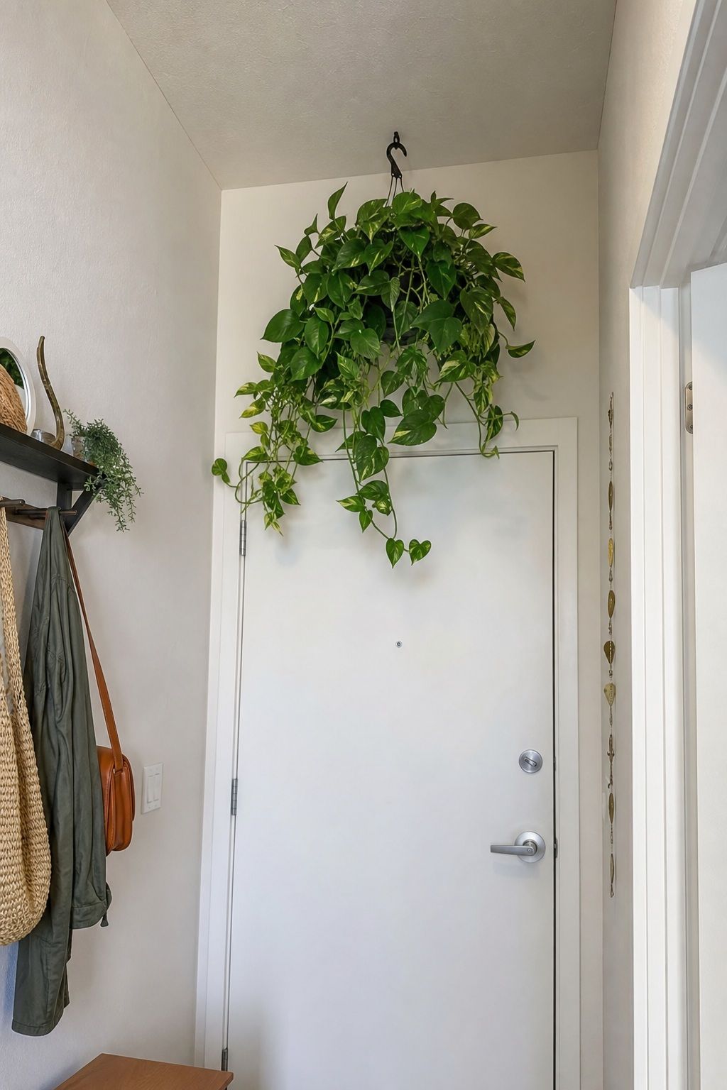 A Single Statement Hanging Plant Above the Door small apartment idea for Top 17 Door Summer Decor Ideas for Small Apartments.
