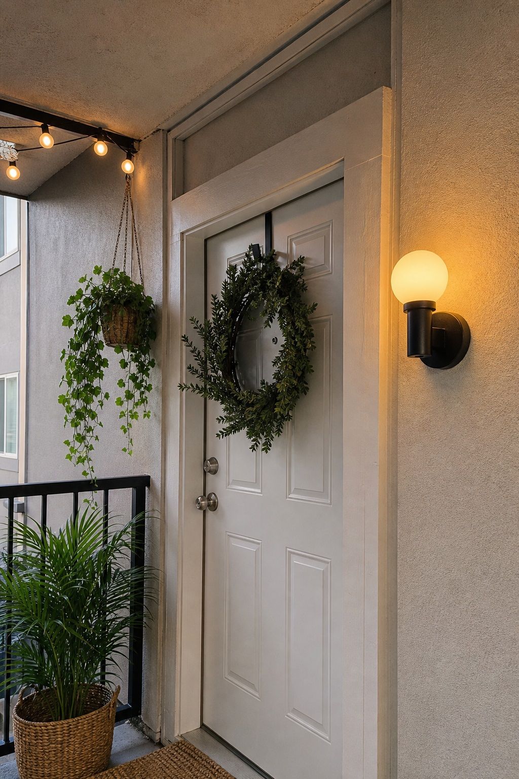 A Battery-Powered Sconce or Globe String Light small apartment idea for Top 17 Door Summer Decor Ideas for Small Apartments.